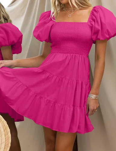 Vista 3 de ZESICA Vestido corto bohemio de verano para mujer, con cuello cuadrado, manga abombada, hombros descubiertos, fruncido, escalonado, casual