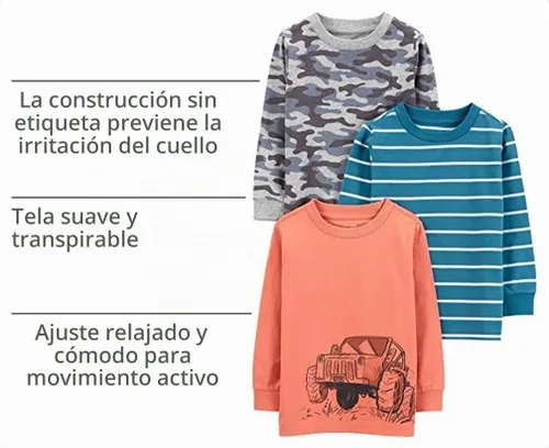 Vista 2 de Simple Joys by Carter's boys 3-pack Long Sleeve Shirts Camuflaje/Monster Trucks/Stripe