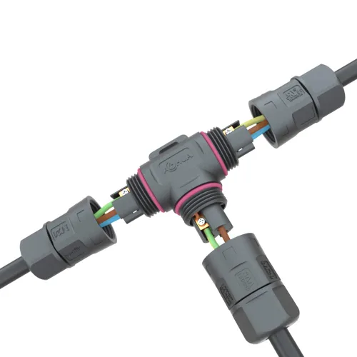 Vista 7 de AOHUA Caja de conexiones de 3 vías, conector M20 de 2 pines, 500 V/20 A, conector de cable eléctrico impermeable en forma de T IP68 para cable
