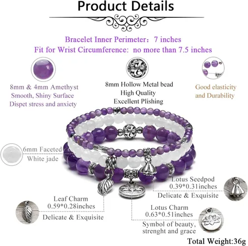 Vista 6 de Top Plaza - Juego de pulseras elásticas de piedras de cristal curativo para chakras, yoga, reiki, cuentas de piedras preciosas y cuentas de loto