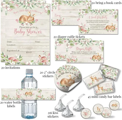 Vista 2 de Amanda Creation El paquete de fiesta de baby shower de Little Deer Woodland Girl incluye 20 invitaciones con sobres + 4 tamaños diferentes
