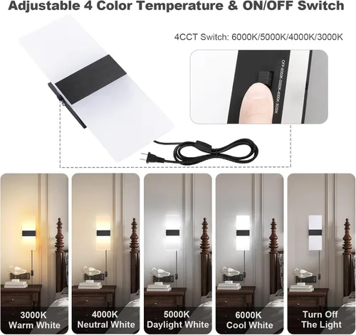 Vista 2 de TRLIFE Lámpara de pared LED moderna, ajustable 4 temperaturas de color 12W lámpara de pared moderna enchufe, luz de pared acrílica montada