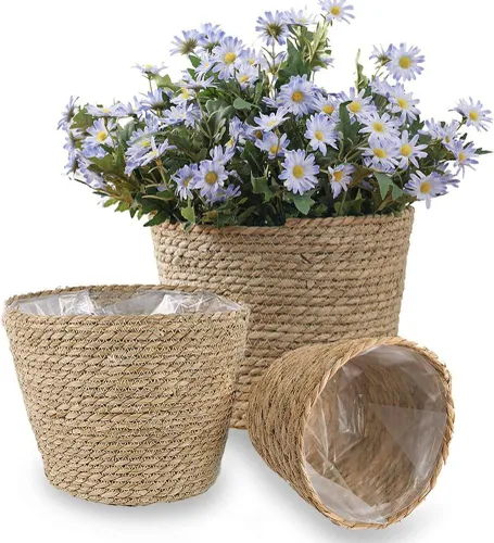 Vista 8 de FOMIYES Maceta de paja tejida para decoración del hogar, macetas de hierba marina, cesta de jardín para plantas de jardín, jarrón de ratán
