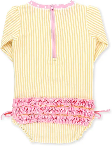 Vista 3 de RuffleButts - Traje de baño de una pieza con mangas largas, de seersucker, con protección solar UPF 50+ para bebé/niñas Seersucker de plátano