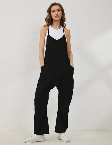 Vista 4 de Lentta Overol casual para mujer, con cuello en V, sin mangas, con tirantes elásticos y ajustables, con bolsillos