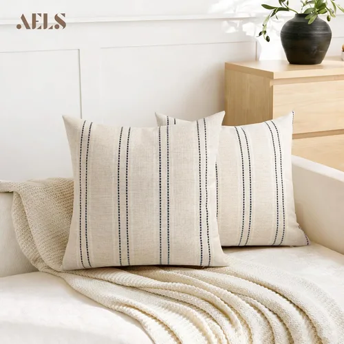 Vista 5 de AELS Fundas de Almohada Decorativas de Lino Estilo Granja de 16x16, Funda de Almohada con Textura Boho, Juego de 2, Beige con Rayas de Hilo Teñido