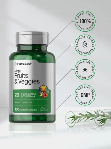Vista 6 de Horbäach Suplemento Mega frutas y verduras 100 cápsulas Vegetariano, sin OMG y sin gluten