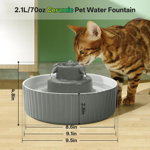 Vista 8 de Fuente de agua de cerámica para gatos, dispensador de porcelana de 2.1L/70 onzas para beber mascotas con 4 filtros de repuesto y esponja, cuenco
