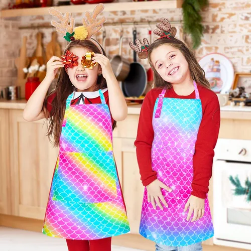 Vista 2 de Sylfairy Delantales para Niñas, Delantal de Unicornio Arcoíris con Bolsillos para Niños, Delantales de Chef de Cocina para Cocinar, Hornear, Pintar