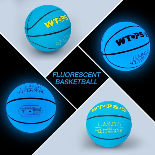 Vista 3 de Balón de baloncesto que brilla en la oscuridad azul, balón de baloncesto luminoso y genial con bomba y bolsa, para interiores y exteriores, de cuero