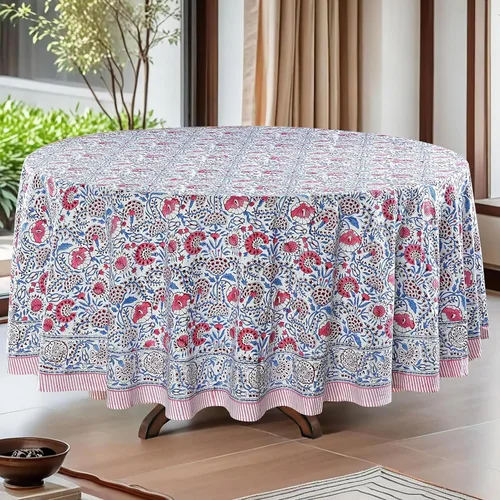 Vista 39 de Mantel redondo con estampado de bloque a mano, 100% algodón, reutilizable, turquesa, verde musgo, 90 pulgadas, mantel decorativo para uso diario