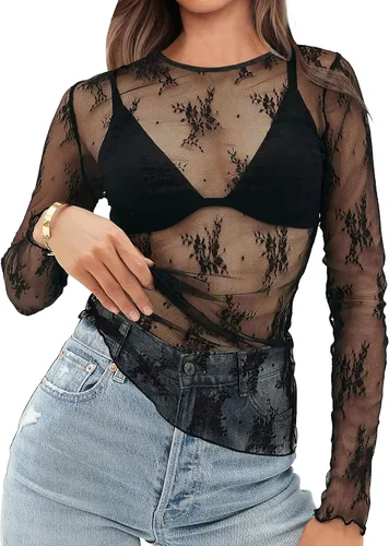 Vista 15 de OFEEFAN - Blusas de malla para mujer con manga larga y encaje, camisetas de cuello redondo ajustadas y transparentes Champán