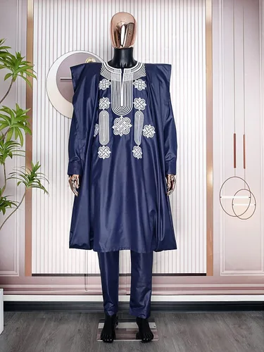 Vista 2 de HD Ropa africana para hombre, ropa Agbada, camisas y pantalones bordados, 3 piezas
