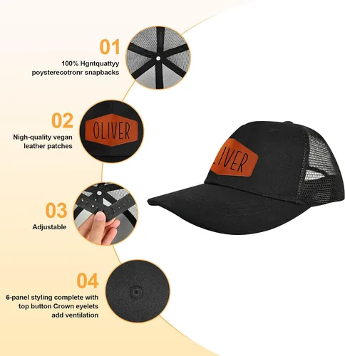 Vista 3 de Gorra de béisbol con nombre personalizado, regalos personalizados, con parche de cuero, gorro de camionero para niños y niñas de 0 a 3 años