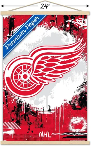 Vista 3 de Trends International NHL Detroit Red Wings - Póster de pared con logotipo Maximalist 23 con marco magnético Juego de perchas de madera de haya