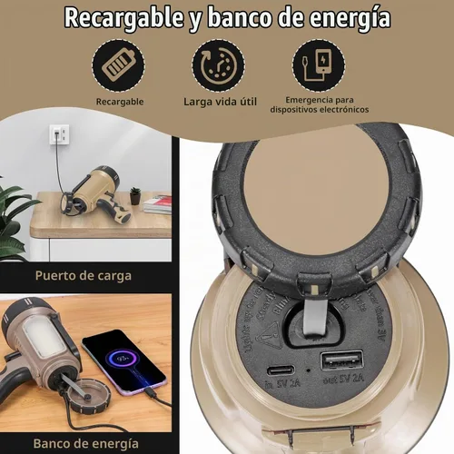 Vista 6 de Foco Recargable Súper Brillante de Mano, Linterna LED Recargable Táctica de Búsqueda con Salida USB, 6 Modos de Luz, Luz de Camping (Gris)