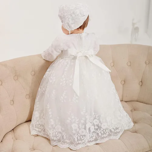 Vista 4 de Vestido de bautismo para niña, 3 piezas, bordado, formal, para fiesta, boda