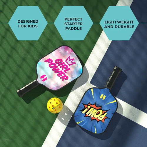 Vista 5 de Helium Paleta de pickleball para niños, (2 unidades, POW! y Girl Power), tamaño infantil, núcleo de panal ligero, cara de golpe de grafito, agarre