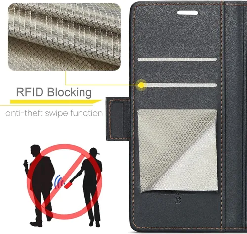 Vista 5 de Funda para iPhone 15 Pro Max, [bloqueo RFID] Funda de piel sintética tipo cartera con tarjetero y soporte para tarjetas, funda a prueba de golpes