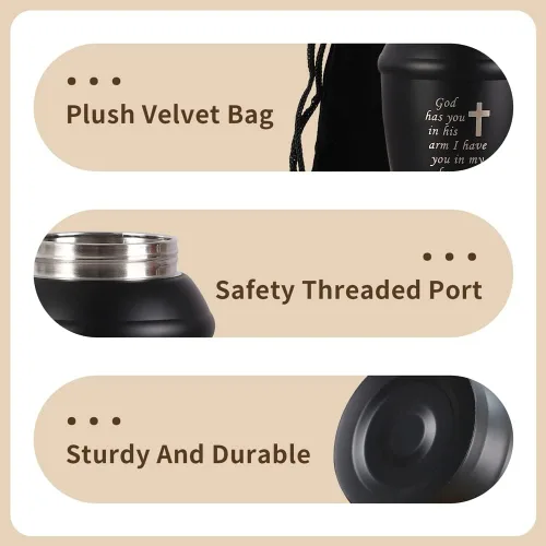 Vista 4 de Urna de cremación de acero inoxidable con cruz negra de 5.8 pulgadas para cenizas adultas, hombres o mujeres, urna conmemorativa funeraria