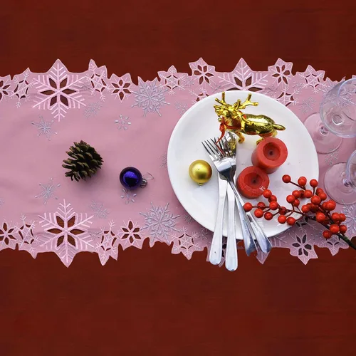 Vista 7 de Caminos de mesa bordados de copos de nieve rosados para Navidad e invierno (rosa, 14 x 34 pulgadas)