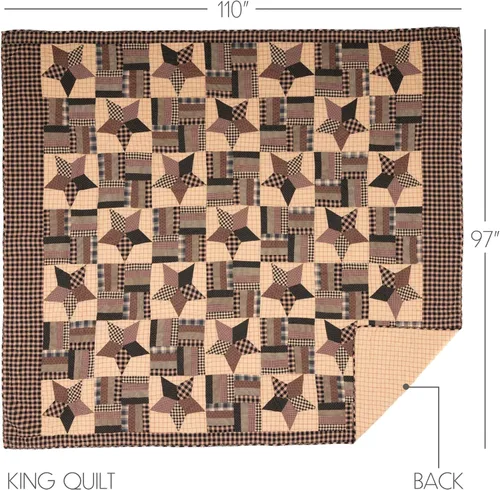Vista 3 de VHC Brands Bingham Star King Quilt 110Wx97L Country Patchwork Design, Soft Black and Tan
