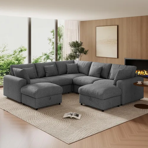 Vista 23 de WorthFurni Sofás seccionales Cloud de 110 pulgadas para sala de estar, sofá modular con asiento profundo, sofá convertible en forma de L con otomana