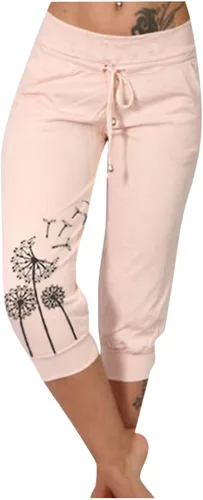Vista 17 de Pantalones capri para mujer, estampado de diente de león, pantalones capri con cordón de cintura alta, elásticos, pantalones cortos de verano