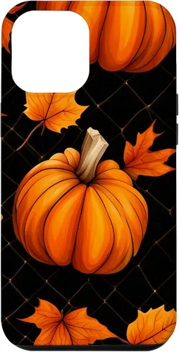 Vista 6 de iPhone 14 calabazas negro y naranja cuadros otoño hojas otoño Halloween caso
