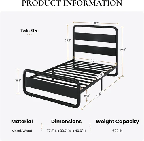 Vista 2 de SHA CERLIN Base de cama de metal de tamaño individual con cabecera y estribo de madera, base de cama de plataforma ovalada resistente