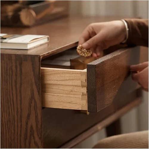 Vista 6 de HIHELO Tocador simple para dormitorio, tocador pequeño, escritorio, juego de taburete de maquillaje de madera con cajón, tocador para tocador
