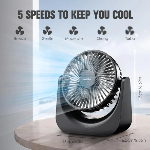 Vista 4 de TRILINK Pequeño ventilador de escritorio USB – Mini ventilador de mesa de 5 velocidades con inclinación ajustable, ultra silencioso, alimentado por