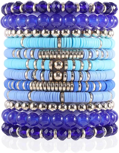 Vista 8 de 14Pcs 12Pcs Heishi Clay Bead Bracelets For Women, Boho Colorful Surfer Stackable Crystal Beads Bracelets Set Summer Beach Jewelry Negro+Blanco