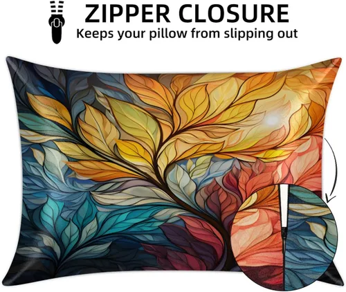 Vista 3 de Funda de almohada de satén para cabello y piel, funda de almohada de seda de hojas coloridas abstractas de tamaño estándar, fundas de almohada