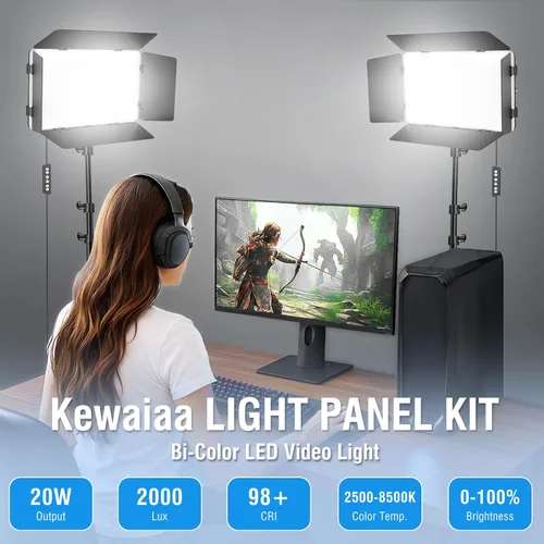 Vista 2 de Paquete de 2 Luces de Video LED con Barndoor, Panel de Luces de Estudio LED Bicolor de 20W, Kit de Iluminación Fotográfica Regulable 2500K-8500K