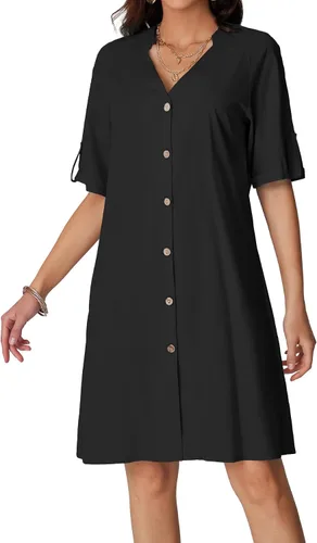 Vista 3 de Rooscier Vestido midi casual acampanado de manga corta con botones y cuello en V para mujer