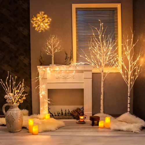 Vista 9 de Vanthylit Guirnalda de Navidad iluminada, guirnaldas de abedul blancas de 6 pies con 48 luces LED blancas cálidas, impermeable, para exteriores
