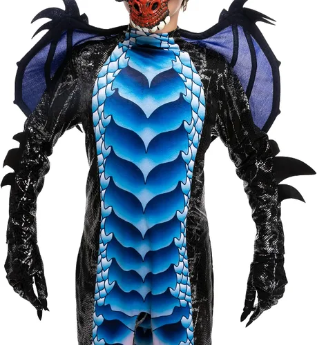 Vista 4 de Spooktacular Creations Disfraz de dragón negro y azul para niños alas de dragón y máscara para fiestas de Halloween cosplay