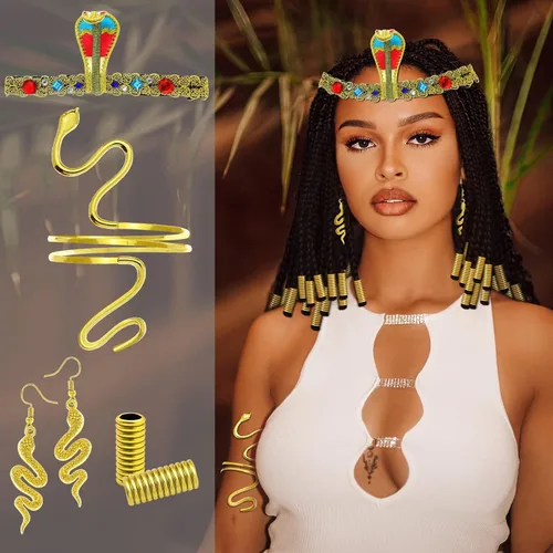 Vista 7 de RechicGu Juego de 25 piezas de accesorios de disfraz de Cleopatra egipcia, tocado de serpiente, aretes de brazo dorado para cosplay