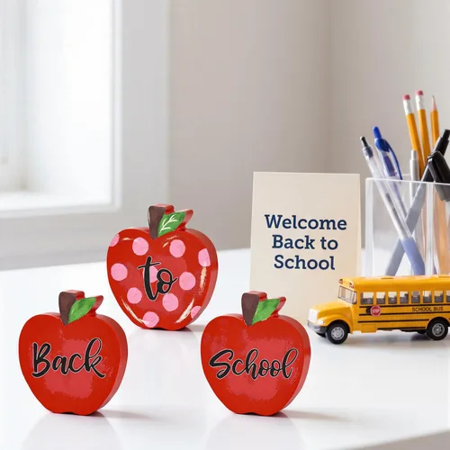 Vista 4 de Decoración de mesa de madera Smile Back to School – Letreros de escritorio «Back to School» de manzana roja – Decoración para el aula y la oficina