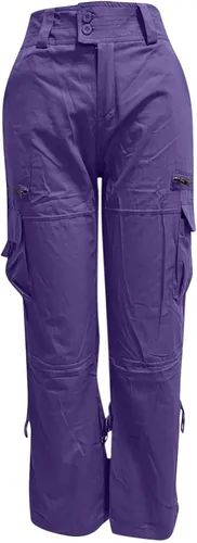 Vista 2 de EOPUING Pantalones cargo para mujer, de cintura alta, pierna ancha, pantalones lisos de otoño con bolsillos