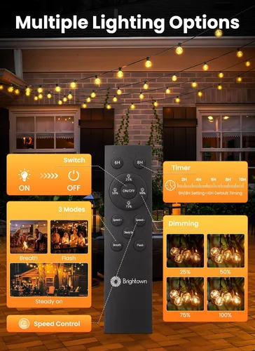 Vista 6 de Brightown Luces de Cadena Solares de 38 Pies para Exteriores con Control Remoto y 16 Bombillas LED Irrompibles, Regulables y con Temporizador, 3
