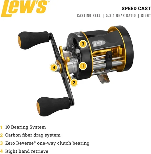 Vista 2 de Lew's Speed Cast 5.3:1 Carrete de fundición a mano derecha, negro/dorado