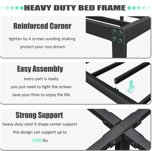 Vista 3 de Base de cama de metal de tamaño matrimonial con cabecera de madera maciza, plataforma de cama de estilo rústico, soporte de listones de acero