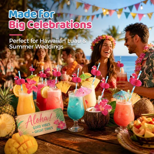 Vista 5 de HANSGO 50 popotes de flamenco, pajitas de papel de flamenco para decoración de mesa de Luau tropical, suministros de fiesta de piscina, decoración