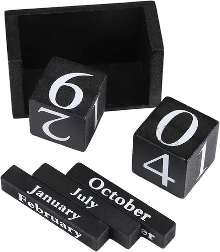 Vista 3 de Calendario de madera de escritorio, calendarios vintage de escritorio con fecha perpetua, concepto de tiempo, cubos de madera rústica, calendario