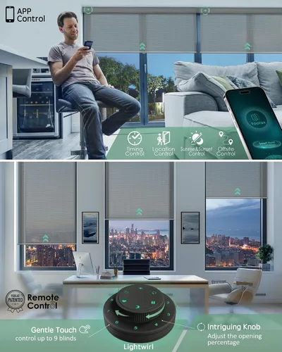 Vista 3 de Yoolax Persianas solares motorizadas que filtran la luz, persianas inteligentes con control remoto, funcionan con Alexa, persianas enrollables