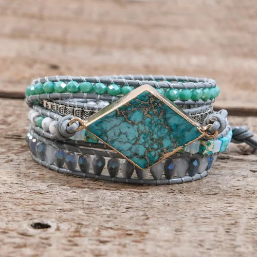 Vista 3 de Ygline Pulsera bohemia hecha a mano, con piedra de cristal, envolvente, de cuero, para mujer