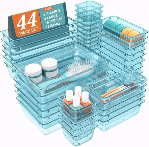 Vista 7 de WOWBOX Juego de 44 organizadores de cajones de plástico transparente, 4 contenedores de almacenamiento de tamaños variados y bandejas organizadoras