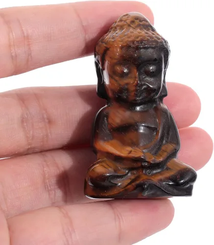 Vista 2 de Figura de cristal de Buda de cristal, 2 pulgadas, tallada a mano, piedra de bolsillo, decoración del hogar, ojo de tigre Ojo de tigre marrón